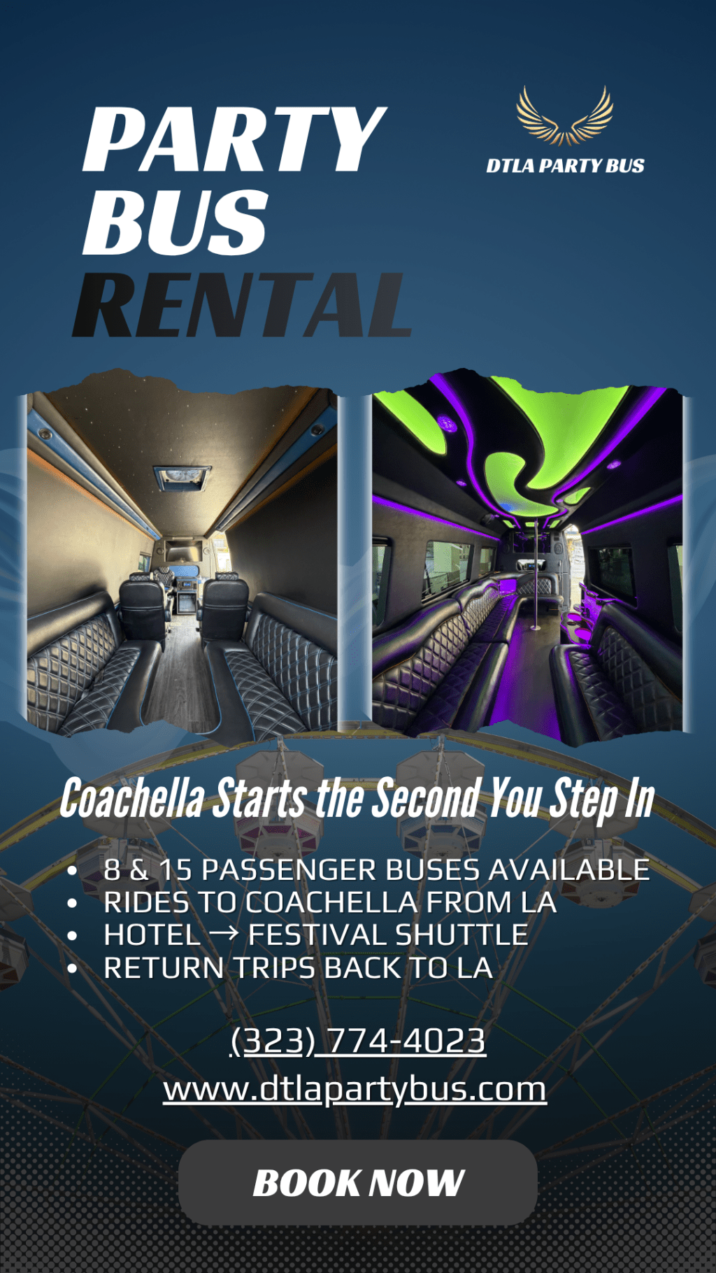 Shuttle rides from hotels to Coachella music festival.