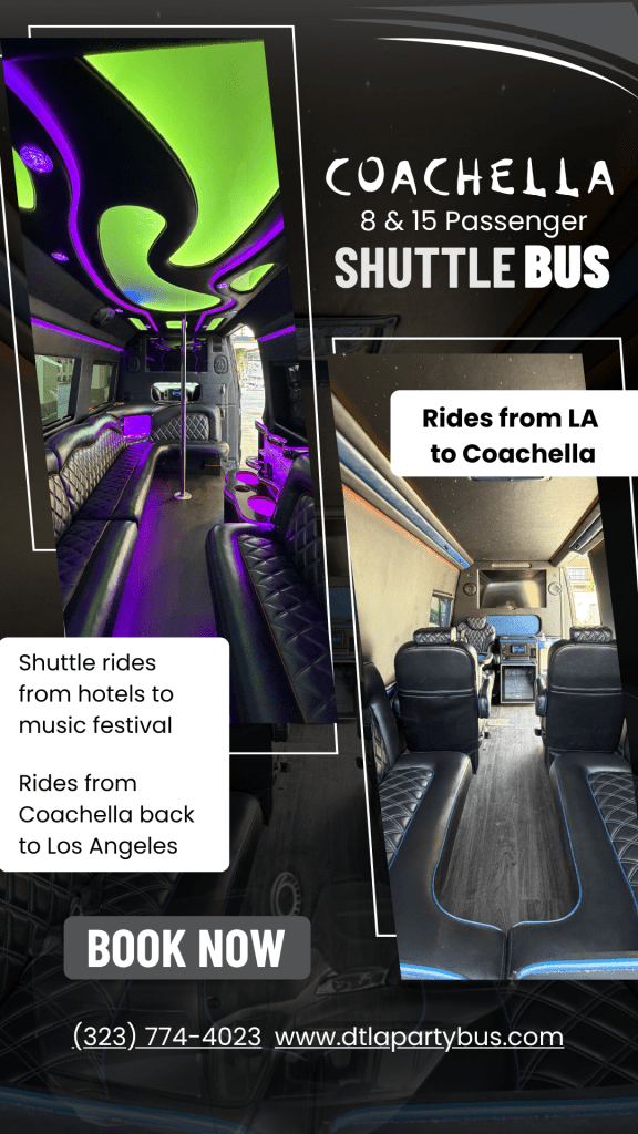 Interior of a shuttle bus featuring colorful lighting, designed for transporting passengers to the Coachella music festival, with seating for 8 to 15 people.